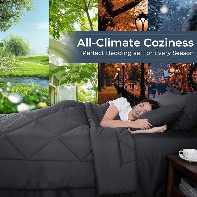 HEVUMYI Twin-XL Comforter Set - 5-Piece All Season Bed in a Bag Twin-XL, Ultra Soft Bedding Set with Comforter, Flat Sheet, Fitted Sheet, Pillowcases, Pillow Shams, Dark Grey