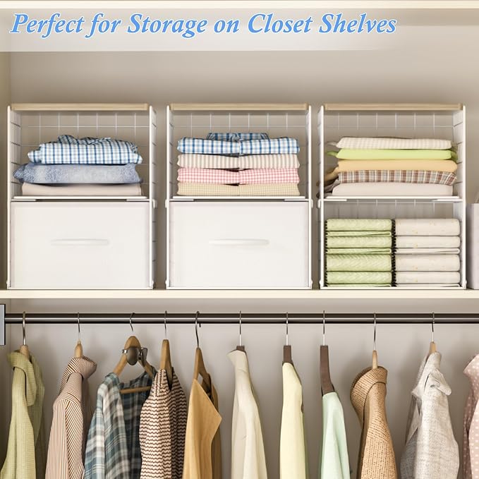 2 Pack Stackable Storage Drawers, Closet Organizers and Storage Shelves with Wooden Top & Adjustable Dividers, White Fabric Closet Drawer Organizer, Modular Storage Bins for Bedroom Wardrobe Apartment - Image 7