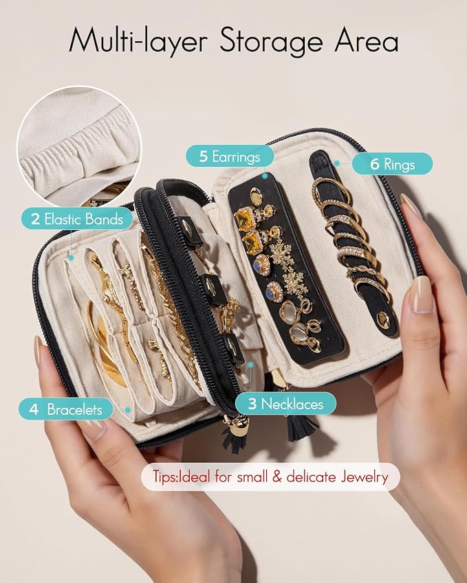 VLANDO Travel Jewelry Case,2-Layer Jewelry Organizer for Travel,Mothers Day Mom Gifts Teacher Gift,Multi-Compartment Jewelry Storage for Rings Earrings Necklaces Bracelets-Black - Image 3