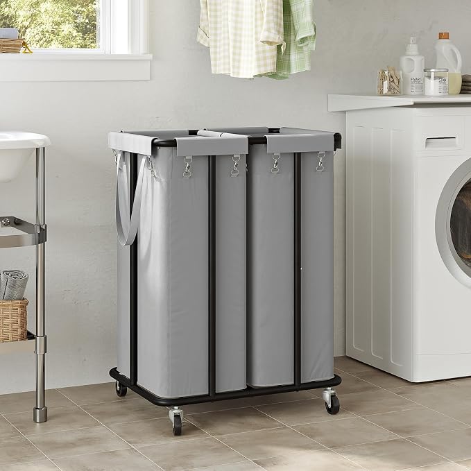 WOWLIVE Double Laundry Hamper with Wheels 170L Rolling Laundry Basket Organizer Laundry Cart with Steel Frame and Removable Bags Large Dirty Clothes Hamper Dorm Room Storage for Bedroom (Grey) - Image 2