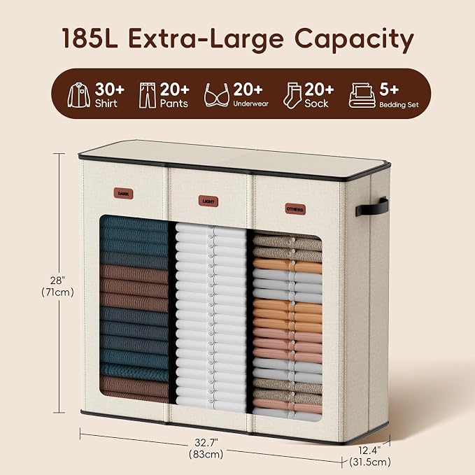 185L Laundry Hamper 3 Section, Laundry Hamper with Lid, Dirty Clothes Hamper with 3 Removable Washing Bags, Extra Large Laundry Basket Organizer for Bedroom, Laundry Room, Dorm - Beige - Image 3