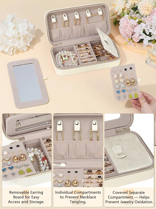 Travel Jewelry Case with Mirror, Quilted Small Jewelry Box Organizer for Women Girls, Portable Earring Necklace Bracelet Ring Holder Storage for Travel Weekend Trips (Beige) - Image 2