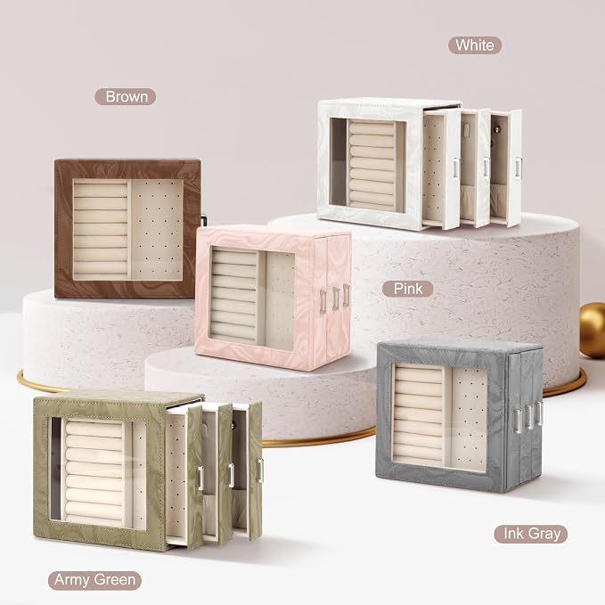 DesignSter Jewelry Box Organizer, Jewelry Box for Women, PU Jewelry Organizer Display Case with Side Drawers, Jewelry Storage for Earring Necklace Ring Bracelet Watch - Image 8