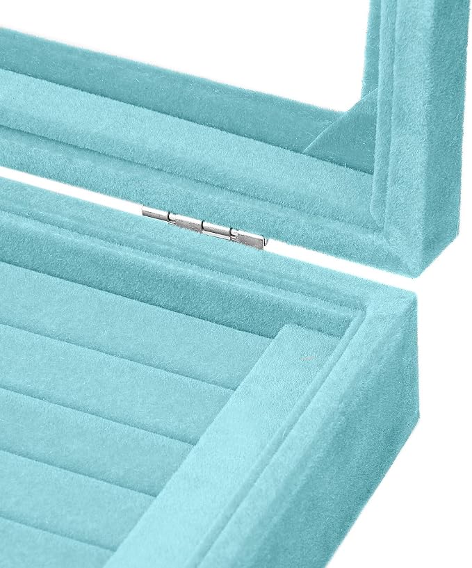 Jewelry Box Rings Organizer Tray 7 Slots Velvet Jewelry Earring Storage Box With Transparent Lid Jewelry Display Case for Girls Women (Light Blue) - Image 5