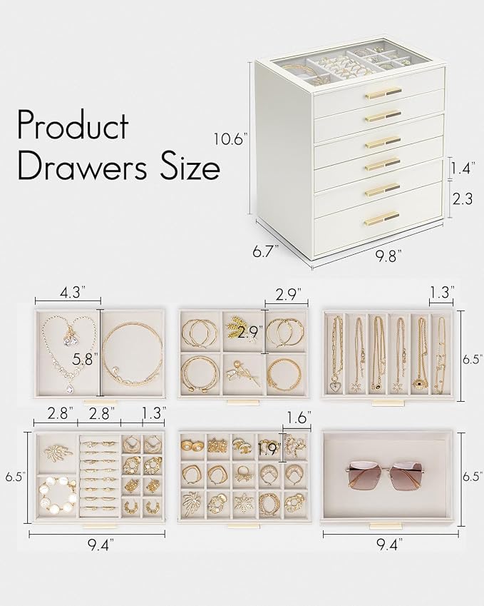 VLANDO 6 Layer Jewelry Box for Women, Glass Lid Jewelry Organizer with 6 Drawers for Necklaces Rings Earrings Bracelets - Cloud White - Image 2