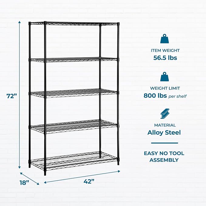 Honey-Can-Do 5-Tier Heavy Duty Adjustable Shelving Unit, 800-lb Per Shelf Metal Storage Rack, Industrial Strength Wire Shelf for Garage Workshop Warehouse, Black, 42 x 18 x 72 in - Image 3