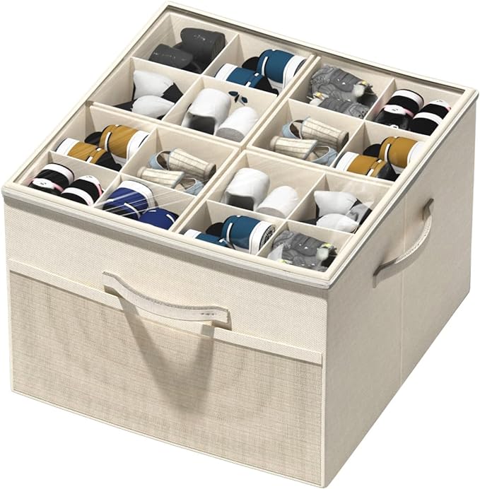 Aokeyee Shoe Organizer for Closet,Foldable Shoe Storage Organizer Box Bin with Adjustable Dividers and Clear Cover, Fits up to 16 Pairs by Aokeyee
