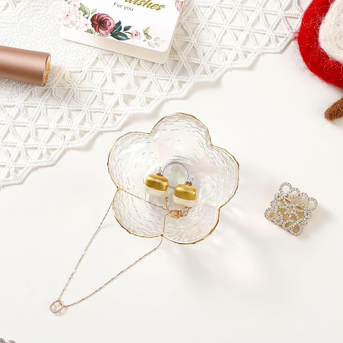 White Flower Jewelry Dish Glass Ring Dish Jewelry Tray Cute Vanity Organizer Room Decor Aesthetic Nightstand Bathroom Decor Trinket Dish Ring Holder Jewellery Tray Valentine's Birthday Gifts for Women - Image 2