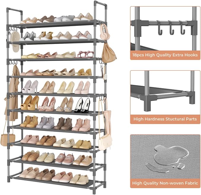 LANTEFUL Tall Shoe Rack 10 Tier Shoe Organizer Large Shoe Shelf with 18 Hooks Storage for 50 Pair Sneaker and Boot, Stackable Vertical Shoe Rack Organizer for Closet, Entryway, Bedroom, Grey - Image 4