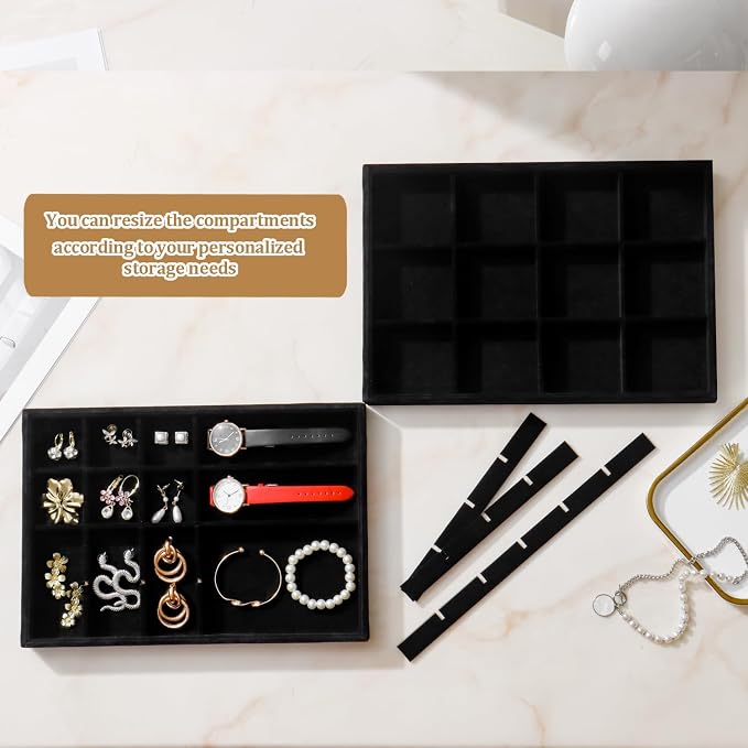 Large Velvet Jewelry Tray 2 Pack Stackable Jewelry Display Drawer Inserts Trays Organizer for Earring Bracelet Necklace Ring (Black, 12 Grids+24 Grids) - Image 3