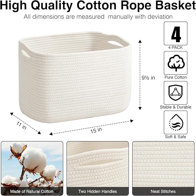ICERZCZ Storage Baskets for Organizing & Shelves, Woven Cotton Rope Organization Bins for Dog Toys, Clothes, Books, Nursery Organizer, 15" Lx11''Wx9.5''H, (4 Packs) Off White - Image 3