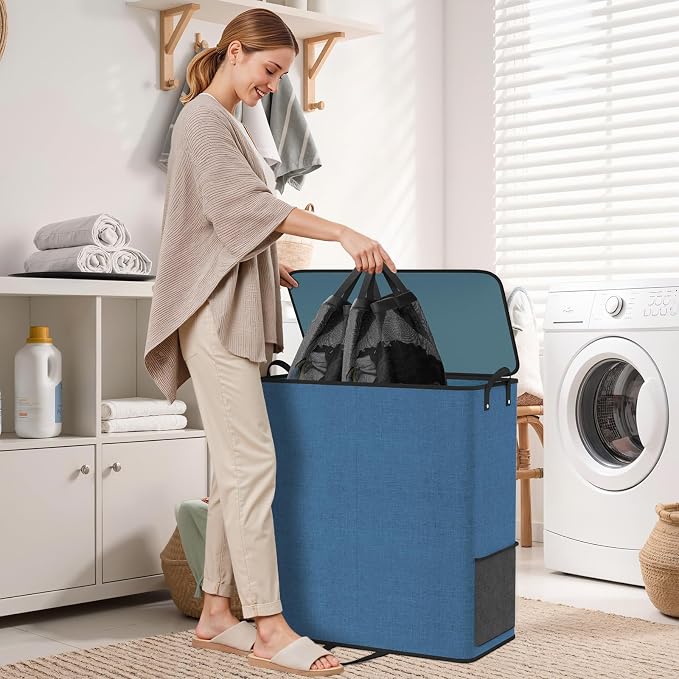 Large Double Laundry Hamper with Lid, Removable Bags & Reinforced Handles, 2 Section Tall Laundry Basket, Dirty Clothes Hampers for Laundry Room, Bedroom, Bathroom, Dorm, 136L, Blue - Image 7