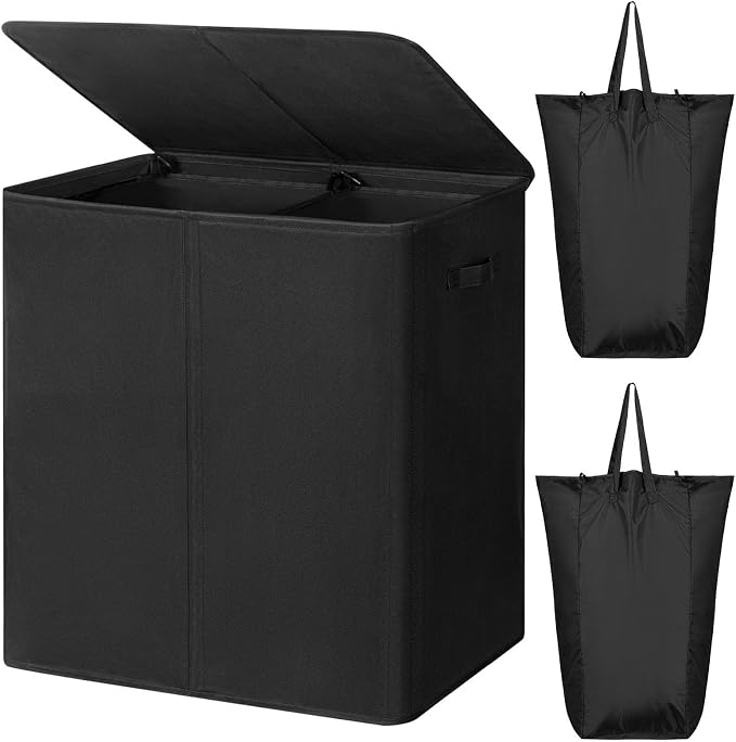 WOWLIVE 140L Double Laundry Hamper with Lid and Removable Laundry Bags, Large Dirty Clothes Hamper 2 section Collapsible Laundry Basket Dorm Room Storage for Bedroom, Bathroom, College,Black by WOWLIVE
