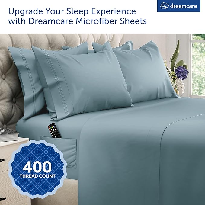 DREAMCARE King Size Sheets Set - 6 pcs Breathable Cooling Bed Sheets - up to 15" Deep Pocket King Sheet Set with Side Pockets - Extra Soft 100% Brushed Hypoallergenic Hotel Luxury Bedding - M Blue