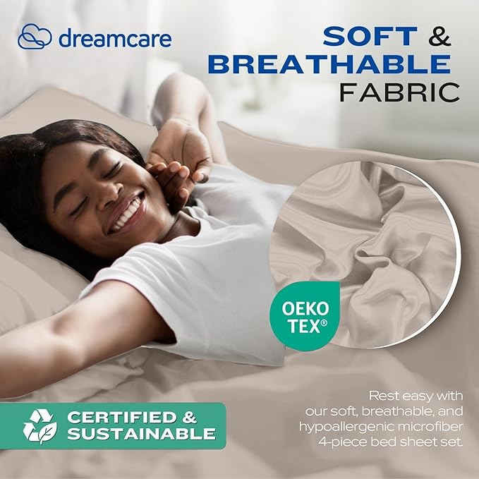 DREAMCARE Twin XL Sheet Sets - 4 pcs Breathable Cooling Bed Sheets - up to 15" Deep Pocket Twin XL Sheets Set with Side Pockets - Extra Soft 100% Brushed Hypoallergenic Hotel Luxury Bedding - Beige