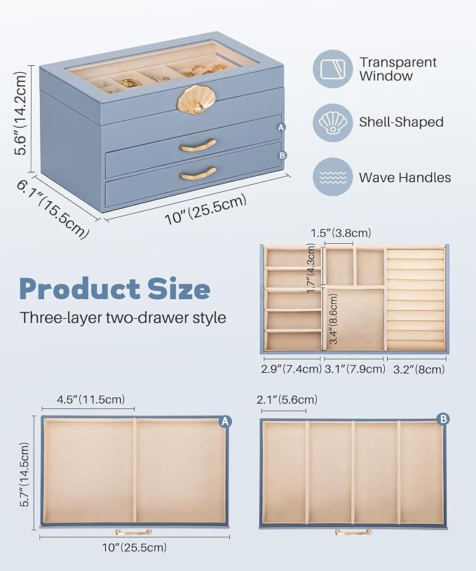 Enthralite Jewelry Box with 2 Drawers: Jewelry Display Organizer for Earrings Necklaces - Gifts for Girls Women (Grey Blue) - Image 3