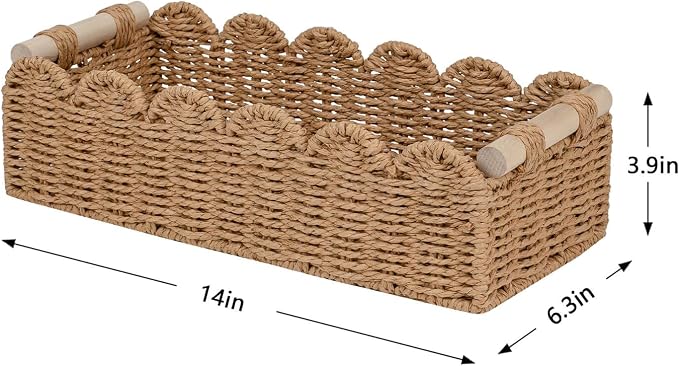 CubesLand Paper Rope Scalloped Edge Toilet Paper Storage Basket, Small Living Room, Bedroom Decor Baskets for Over Toilet Storage Shelf, End Table, Shelves and More, with 2 Wooden Handle, Neutral - Image 4