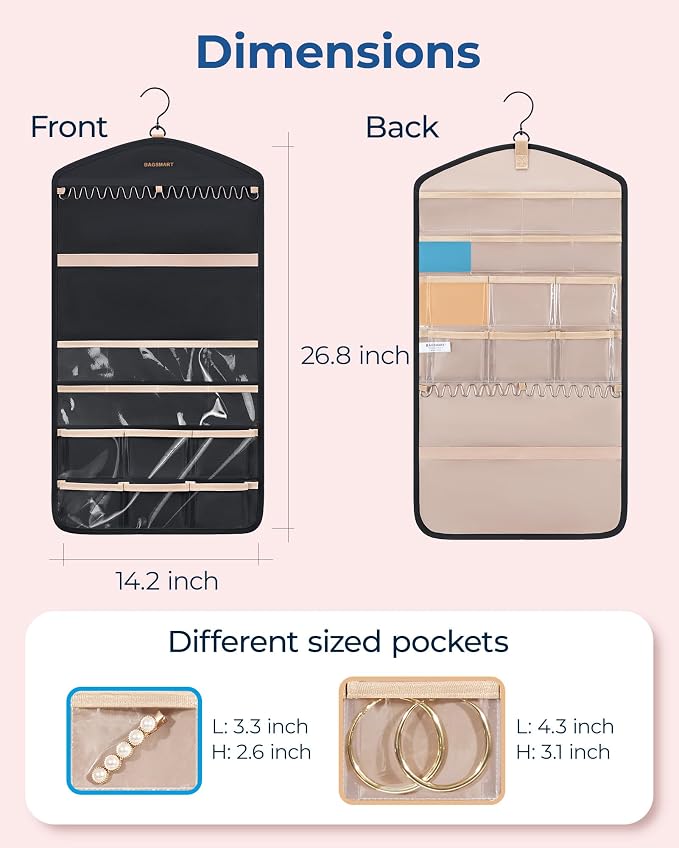 BAGSMART Hanging Jewelry Organizer with Hanger Metal Hooks Double-Sided Jewelry Holder for Organizing Earrings Necklaces Rings Perfect for in Hanging Closet, Wall, Door, 1 Piece, M, Black - Image 6