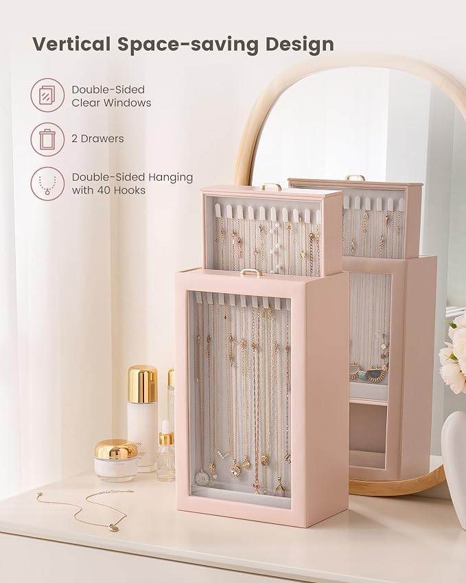 Lolalet Upgraded Double-Sided Hanging Necklace Organizer Box, Jewelry Display Case with Double-Sided Clear Window for Necklaces Bracelets, Tangle-Free Necklace Storage Box, Mothers Day Gift - Image 2