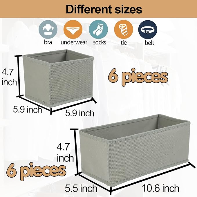 Fordonral Drawer Organizer Clothes, Foldable Fabric Dresser Organizer Closet Organizers and Storage Box for Underwear,Folded Clothes,Baby Clothing,Socks,Bra,Towels,Ties(6M+6S,Gray) - Image 4