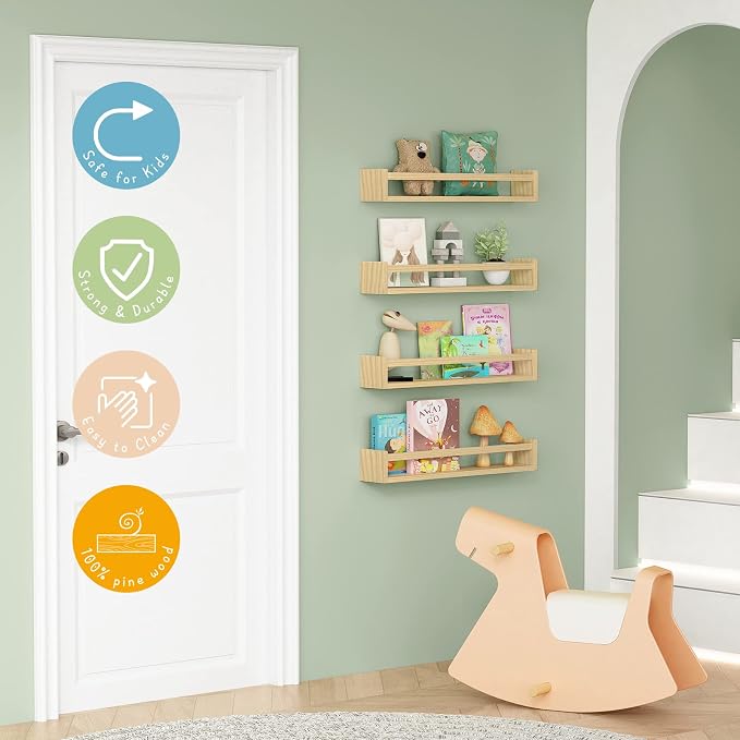 Forbena Natural Wood Nursery Bookshelves for Wall, 24 Inches Long Floating Book Shelves, Wall Mounted Bookcase for Baby Teen Girl Boy Kids Room Bedroom, Playroom Organizer, Bathroom Decor (4-Pack) - Image 4