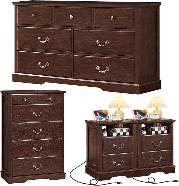 Farmhouse Dressers & Night Stand Set of 4,54" Wide 7 Drawer Dresser & 45" Tall Chest of Drawers, 18" Wide 2 Drawers End Table with Charging Station Set of 2,Furniture Dresser Sets for Home Walnut