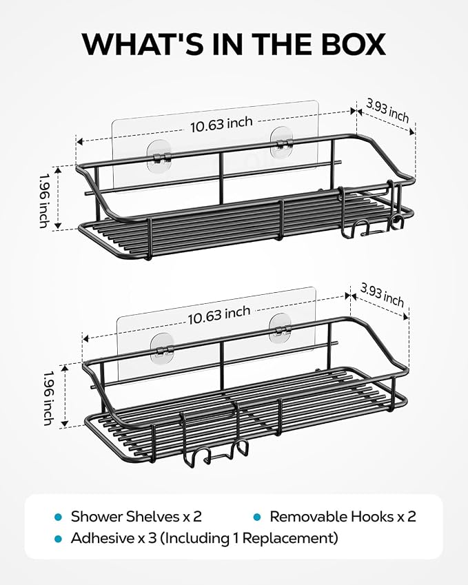 Nieifi Shower Caddy Shelf with Hooks Storage Rack Organizer Adhesive Stainless Steel Without Drilling for Bathroom, Lavatory, Washroom, Restroom, Shower, Toilet, Kitchen - 2 Pack (Black) - Image 3