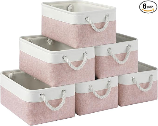 Storage Baskets for Shelves 13.8x9.8x6.7 Inch, Foldable Fabric Storage Bins with Handles, Small Storage Baskets for Organizing Closet, Office, Home Organization (6-Pack, White&Pink) by VQRTEXAStorageBasket