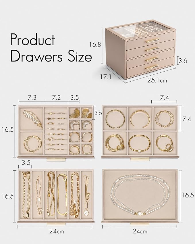VLANDO 4 Layer Jewelry Box for Women, Mothers Day Gifts for Women, Glass Lid Jewelry Organizer with 4 Drawers for Necklaces Rings Earrings Bracelets - Toffee - Image 3