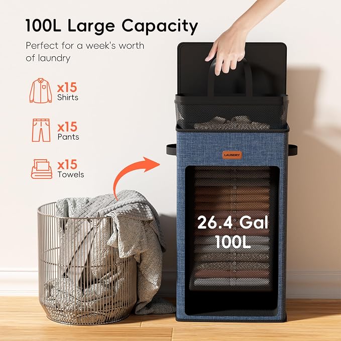 100L Laundry Hamper with Lid, Large Clothes Hampers with Removable Bag, Collapsible Laundry Basket for Bathroom, Bedroom, Laundry Room, Dorm, Navy Blue - Image 3