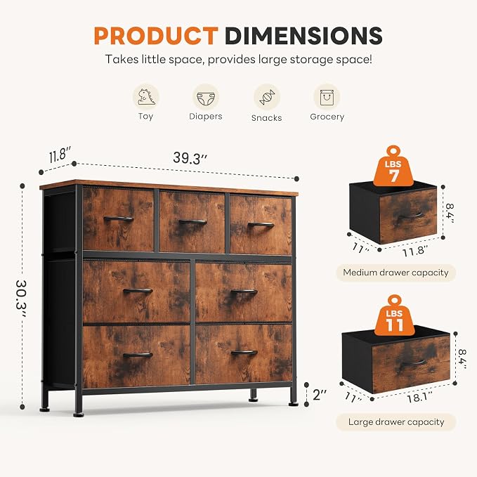 Sweetcrispy 7 Drawer Dresser with Fabric Bins Fabric Storage Tower Organizer for Bedroom Closet Hallway Entryway Tall Chest of Drawers with Steel Frame Wood Top Easy Pull Handles,Rustic Brown - Image 3