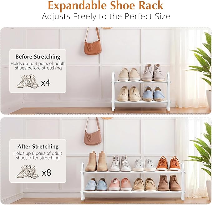 INSMART 2-Tier Expandable Shoe Rack:Stackable and Adjustable Shoes Organizer Storage Shelf, Sturdy and Durable Metal Structure Free Standing Shoe Rack for Closet Entryway Doorway, White - Image 2