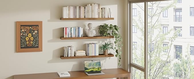 ROGMARS 36 Inches Long Walnut Floating Shelves,Rustic Solid Wood Farmhouse Wall Shelves with Invisible Brackets for Bathroom, Living Room, Bedroom, Kitchen Set of 3 - Image 7