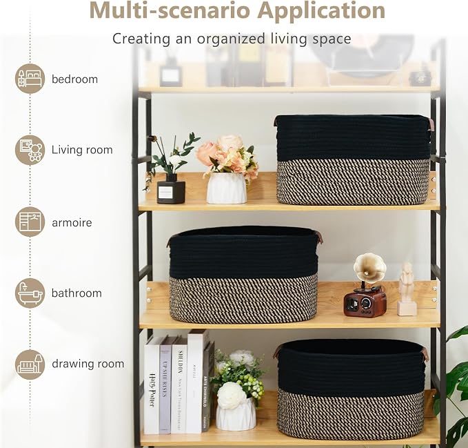 ECDYQXVU Cotton Rope Basket, Storage Baskets with Handle, 15x10x9 Inch Woven Basket for Shelves, Laundry, Towels, Clothes, Books, (Black Brown 2 Pack) - Image 6