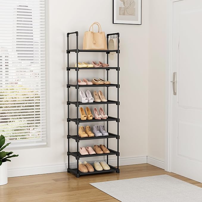 LANTEFUL Tall Shoe Rack 8 Tiers, 16-20 Pairs Shoe and Boots Organizer Storage Sturdy Shoe Shelf, Narrow Vertical Shoe Rack for Entryway, Closet, Metal Shoe Organizer with 5 Hooks - Image 2