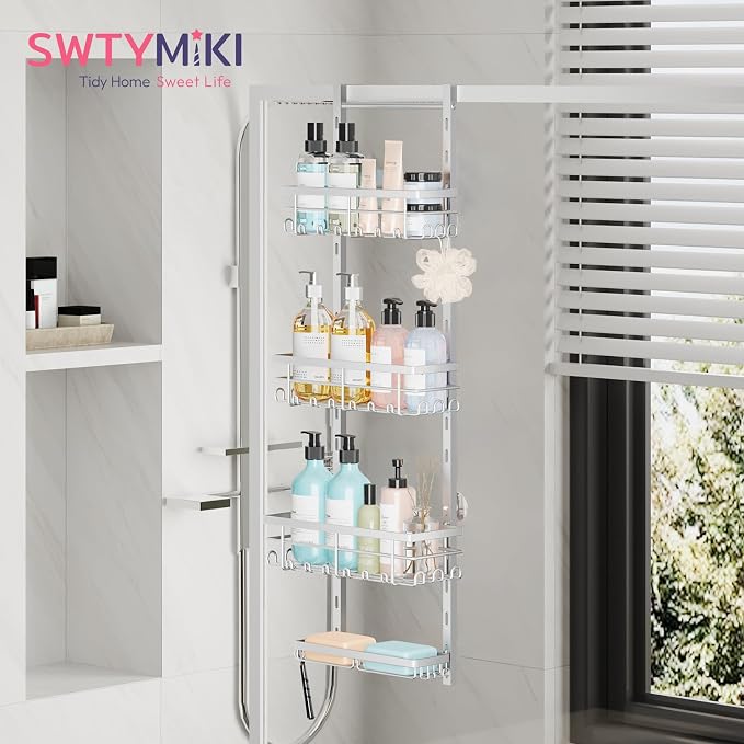 SWTYMIKI Over The Door Shower Caddy - 4 Tier Rustproof Hanging Shower Organizer with Adjustable Shelves, 40 Hooks & Soap Holder, Hanging Shower Rack Storage for Bathroom Accessories, Silver - Image 6