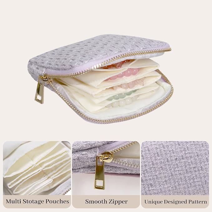 Stratalife Travel Jewelry Case - Small Jewelry Organizer for Bracelets Necklace Healing Crystal, Portable Earring Ring Organizer with Zipper Pouches for Traveling Gift for Women, Violet Purple - Image 3