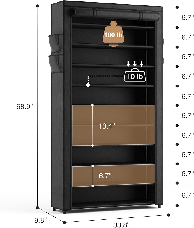 ROJASOP 10 Tier Shoe Rack with Covers,Large Capacity Stackable Tall Shoe Shelf Storage to 50-55 Pairs Shoes and Boots Sturdy Metal Free Standing Shoe Rack Organizer for Closet Entryway Garage - Image 3