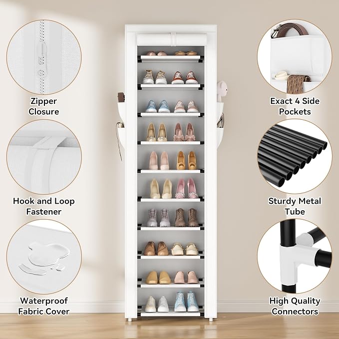 ROJASOP Shoe Rack with Covers 10 Tier Large Shoe Organizer Tall Shoe Closet Storage for 20-22 Pairs Shoe and Boot, Free Standing Shoe Rack Organizer for Closet, Entryway, Bedroom, White - Image 4