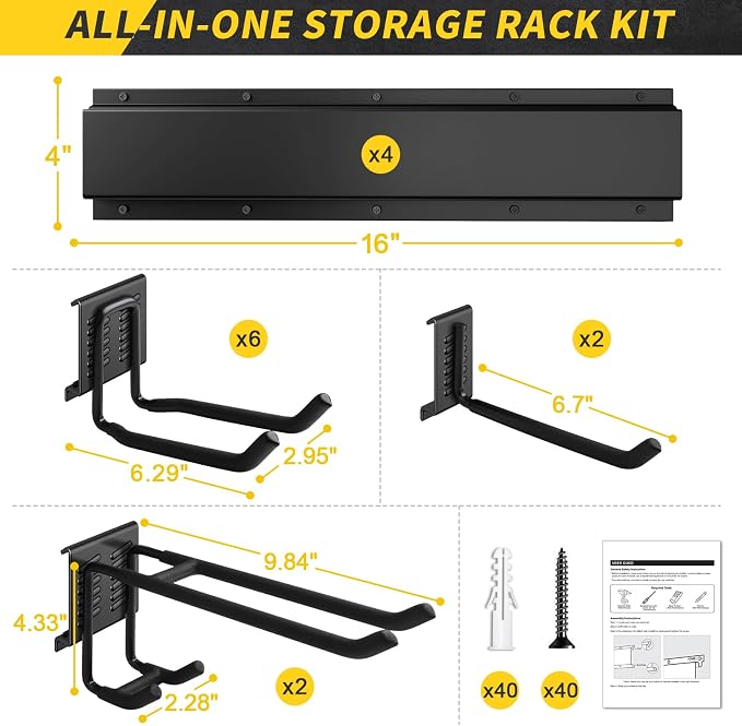 64 Inches Garage Storage, UUP Garage Organization Wall Mount Garden Tool Organizer, 620lbs Adjustable Metal Hooks, Yard Shed Rail Rack, Lawn Tool Holder for Hanging Rake Broom Mop Snowboard, Home Gift - Image 5