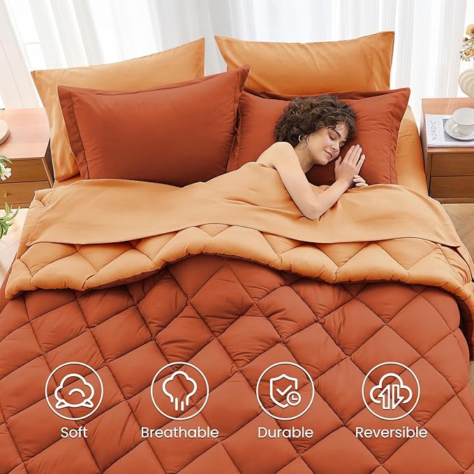 MUXHOMO 5 Pieces Twin XL Comforter Set, Reversible Bed in a Bag Twin XL Size, All Season Bedding Set with Comforter, Flat Sheet, Fitted Sheet, Pillowcases & Shams, Burnt Orange & Camel