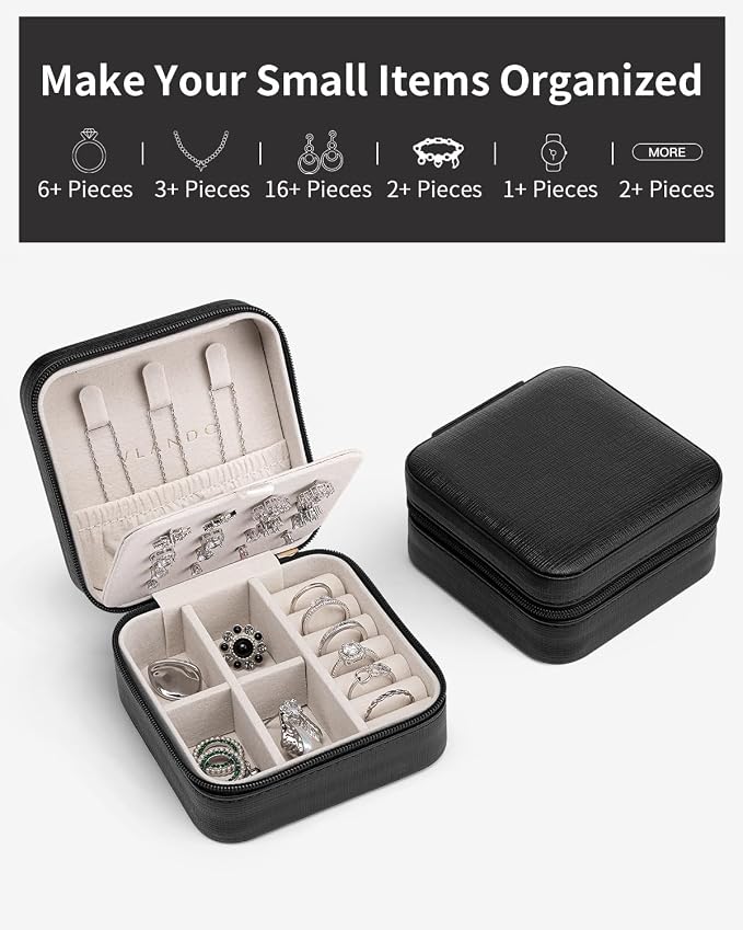 VLANDO Travel Jewelry Case, Small Travel Jewelry Organizer Box for Girls Women - Black - Image 5