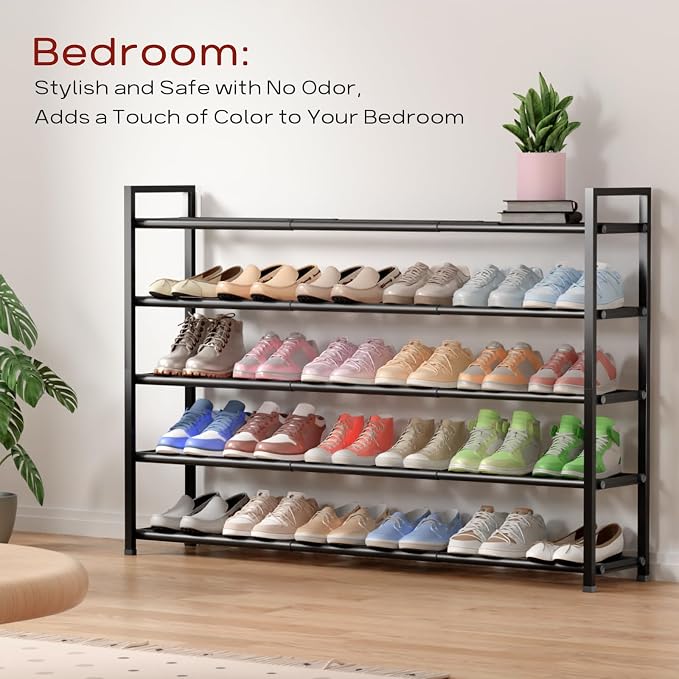 Bumusty 5-Tier Long Expandable Shoe Rack for Closet, 18"-44" Adjustable Shoe Rack for Entryway, 25-30 Pairs Large Shoe Organizer Shelf Storage, Sturdy Metal, Black - Image 5