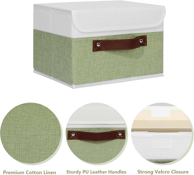 ANMINY 2PCS Storage Boxes with Lid Washable Decorative Storage Bins Basket with PU Leather Handle Foldable Linen Fabric Storage Cubes Containers for Home Closet Organizer - Green White, Small Size - Image 3