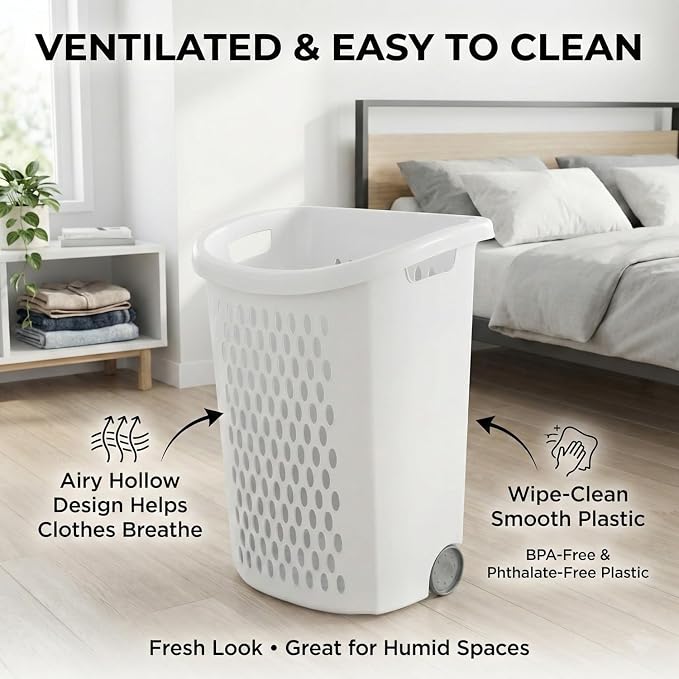 Wheeled Plastic Laundry Hamper,Ultra Wheeled Design Clothes Laundry Basket,Extra Large 135L Pull Handle & Side Grips Plastic Ventilated Clothes Basket for Home, Dorm, or Apartment - Image 4