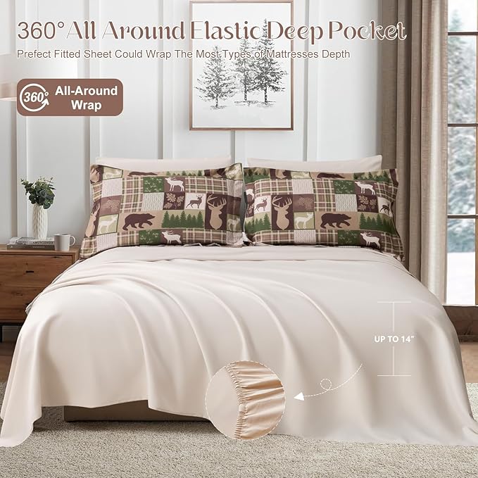 Comforter Set King Size Bear Moose Plaid Comforter Bedding-7 Piece Bed in a Bag,Soft Reversible Patchwork Microfiber Bedding Set (1 Comforter,1 Flat Sheet,1 Fitted Sheet,2 Pillowcases,2 Pillow Shams)