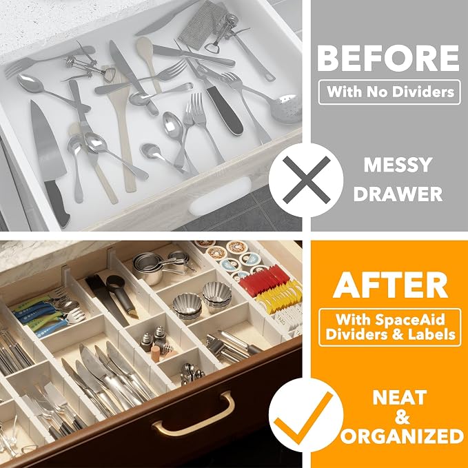 SpaceAid Bamboo Drawer Dividers with Inserts and Labels, Kitchen Adjustable Drawer Organizers, Expandable Organization for Home, Office, Dressers, 10 Dividers with 24 Inserts (17"-22" White) - Image 2