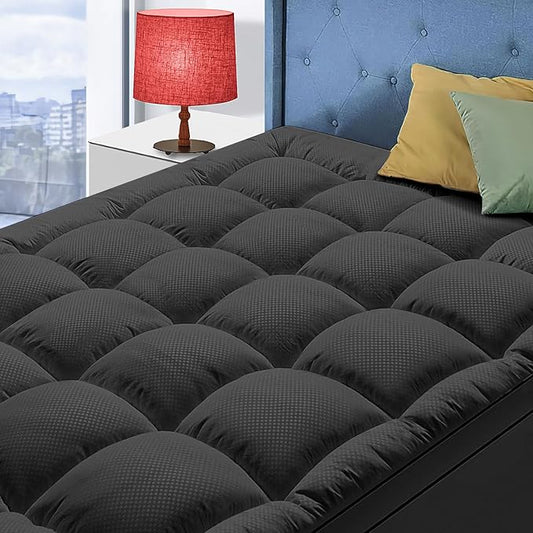 King Size Mattress Topper for Back Pain, Cooling Extra Thick Mattress Pad Cover with 8-21 inch Deep Pocket, Plush Pillow Top Mattress Topper Overfilled with Down Alternative, King Size, Black