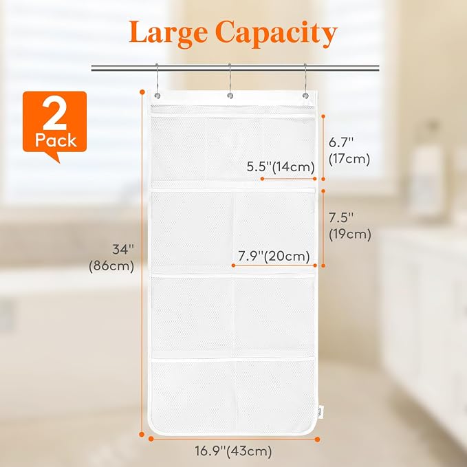 Lifewit Mesh Shower Caddy, 9 Pockets Hanging Shower Organizer with Quick Drying Mesh, Portable Space Saving Bathroom Organizer to Hold Soap, Shampoo and Cruise Ship Essentials, White, Large - 2 Pack - Image 2