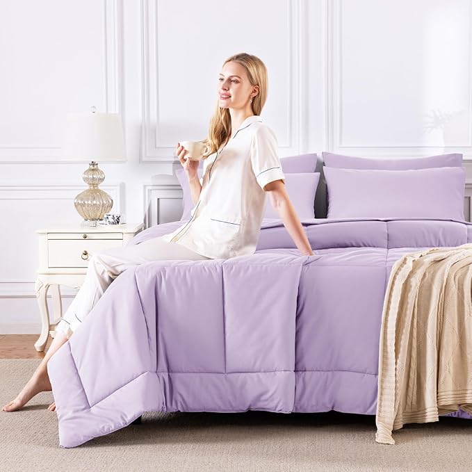 CozyLux Queen Comforter Set Lavender, 7 Pieces Bed in a Bag, Light Purple Comforters Queen Size, All Season Bedding Sets with Stitch Quilted Comforter, Flat Sheet, Fitted Sheet, Pillowcases